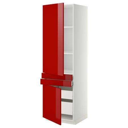 Высокий шкаф + полки, 4 ящик, 2 двери, 2 фронтальные МЕТОД / МАКСИМЕРА, белый, Рингульт красный (60x60x200 см)
