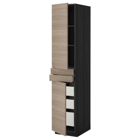 Высокий шкаф + полки, 5 ящиков, 2 дверцы, 2 фронтальных МЕТОД / МАКСИМЕРА, черный, Брокхульт светло-серый