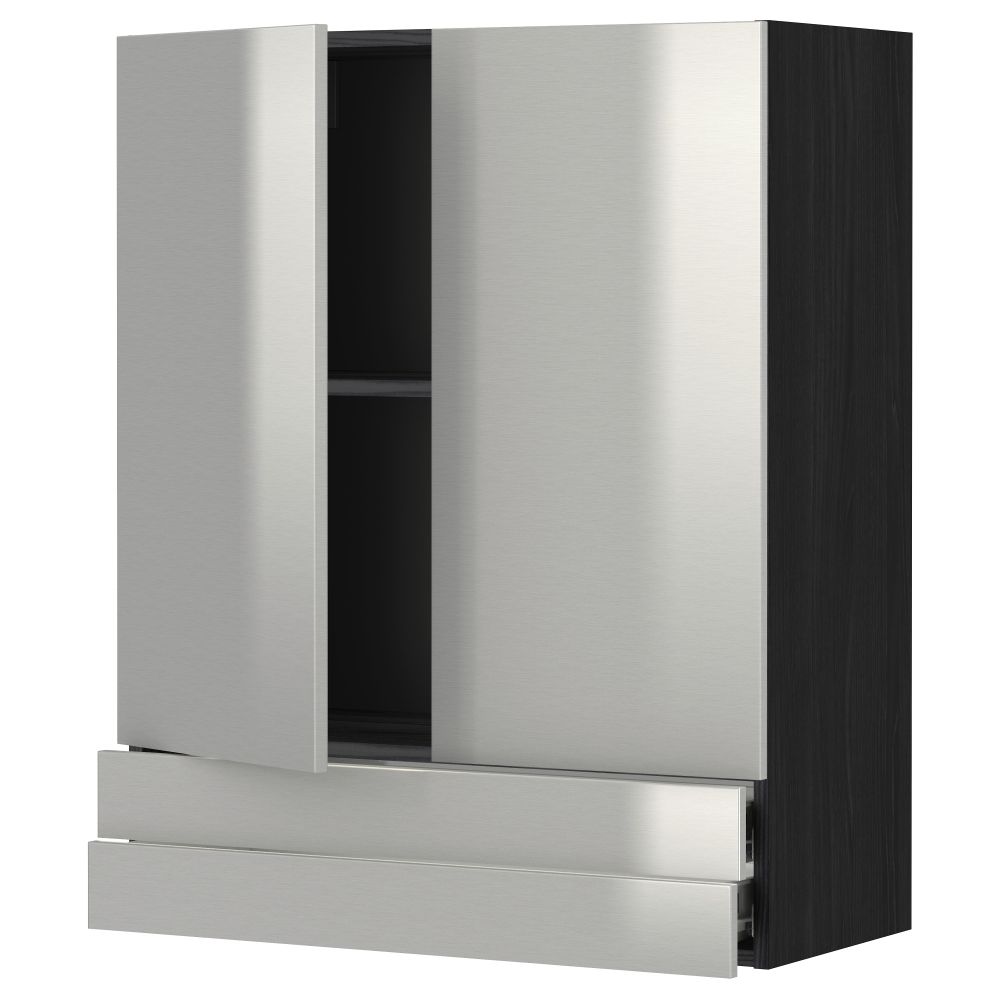 Навесной шкаф, 2 дверцы, 2 ящика МЕТОД / ФОРВАРА, черный, Гревста нержавеющ сталь - фото 1
