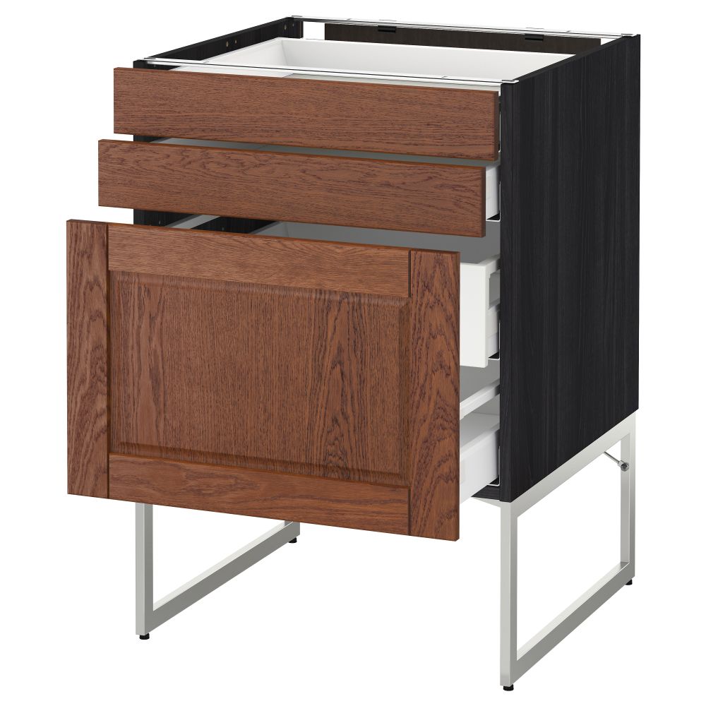 Напольный шкаф 3 фронтальных панели, 2 нижних, 2 средних ящика МЕТОД / МАКСИМЕРА, черный, Филипстад коричневый - схема-чертеж с размерами