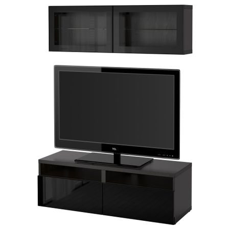 Шкаф для ТВ, комбинированный, стекляные дверцы БЕСТО, черно-коричневый, Сельсвикен глянцевый/черный прозрачное стекло