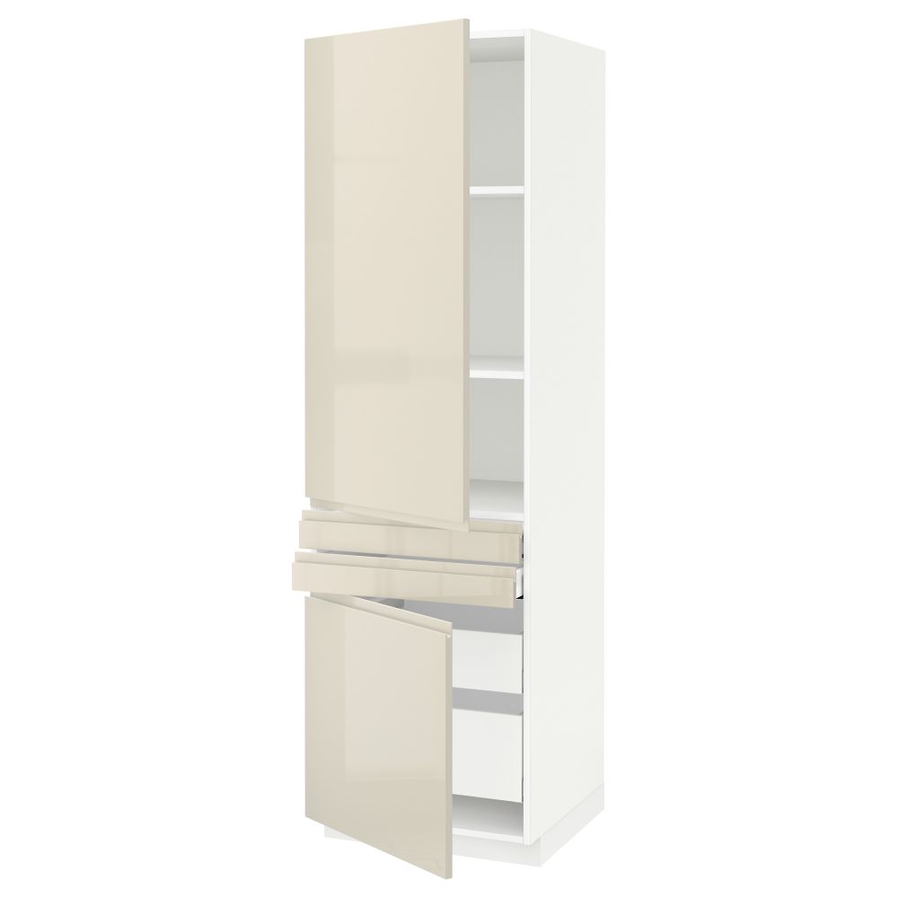 Высокий шкаф + полки, 4 ящик, 2 двери, 2 фронтальные МЕТОД / МАКСИМЕРА, белый, Воксторп глянцевый светло-бежевый (60x60x200 см) - схема-чертеж с размерами