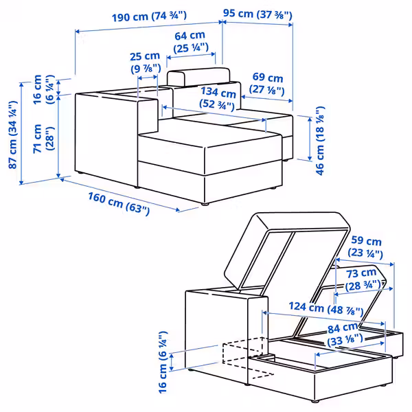 JÄTTEBO 2,5-местный модульный диван+козетка - левый с изголовьем/самласа серо-бежевый - схема-чертеж с размерами