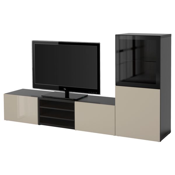 Шкаф для ТВ, комбинированный, стекляные дверцы БЕСТО, черно-коричневый, Сельсвикен глянцевый/бежевый прозрачное стекло - фото 1