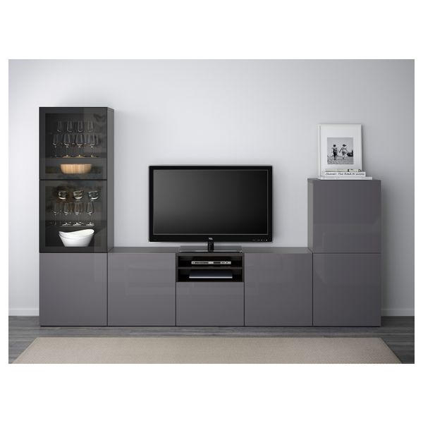 Шкаф для ТВ, комбинированный, стекляные дверцы БЕСТО, черно-коричневый, Сельсвикен глянцевый/серый прозрачное стекло (300x40x192 - фото 2