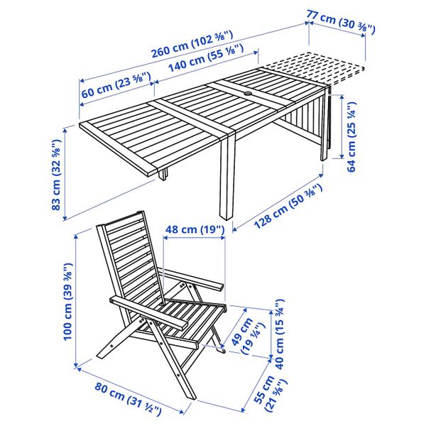 Стол + 4 кресла, для/сада, коричневая морилка IKEA ÄPPLARÖ ЭПЛАРО 192.289.46 - схема-чертеж с размерами