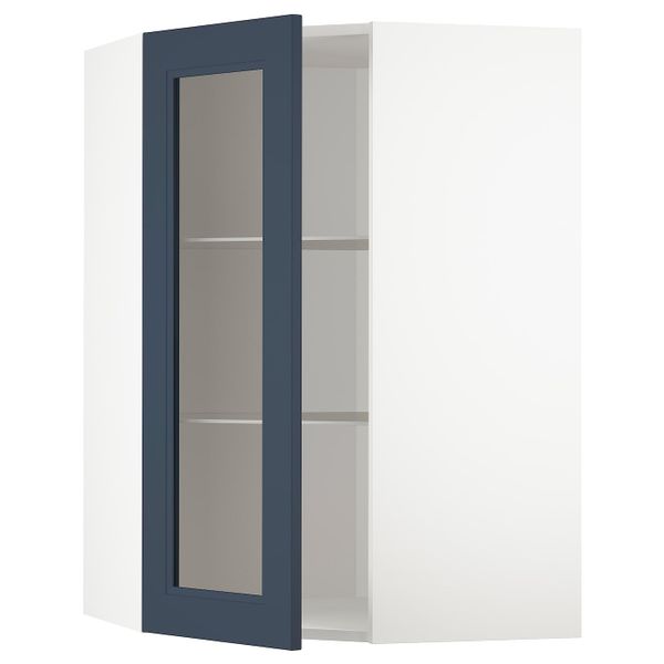Угловой навесной шкаф с полками, стекляными дв, белый Акстад/матовая поверхность синий 68x100 см IKEA METOD МЕТОД 094.020.07 - фото 1