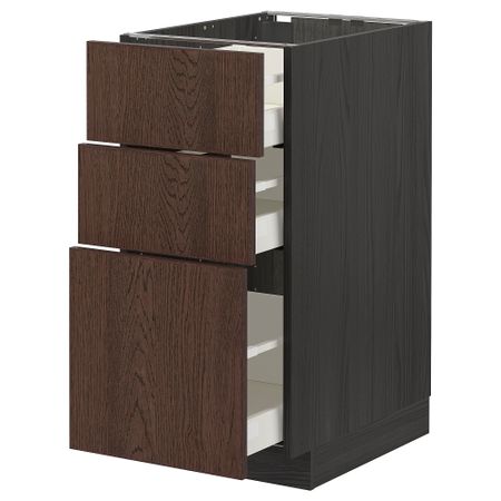 Напольный шкаф с 3 ящиками, черный, Sinarp коричневый, 40x60 см IKEA METOD МЕТОД, MAXIMERA МАКСИМЕРА 594.057.20