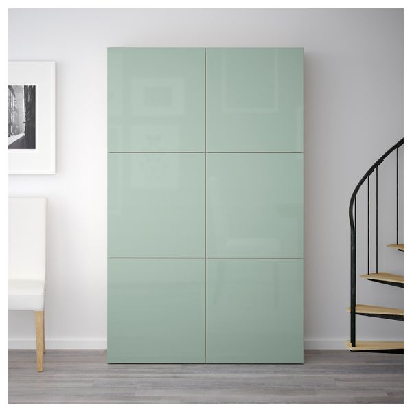 Комбинация для хранения с дверцами БЕСТО, под беленый дуб, Сельсвикен глянцевый/серо-зеленый светлый (120x40x192 см) - фото 2