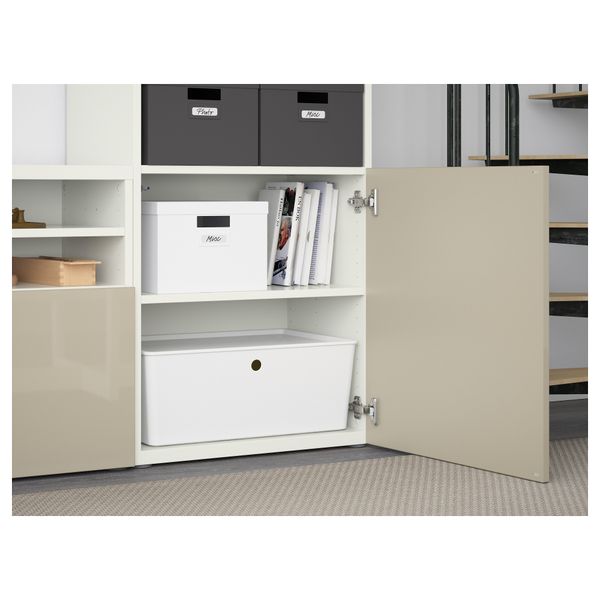 Шкаф для ТВ, комбинированный, стекляные дверцы БЕСТО, белый, Сельсвикен глянцевый/бежевый матовое стекло (300x40x230 см) - фото 3