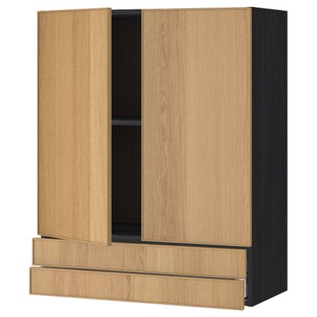 Навесной шкаф, 2 дверцы, 2 ящика МЕТОД / МАКСИМЕРА, черный, Экестад дуб