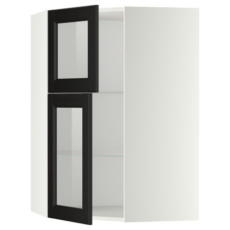 Угловой навесной шкаф + полки, 2 стеклянные дверцы МЕТОД, белый, Лаксарби черно-коричневый (68x100 см)