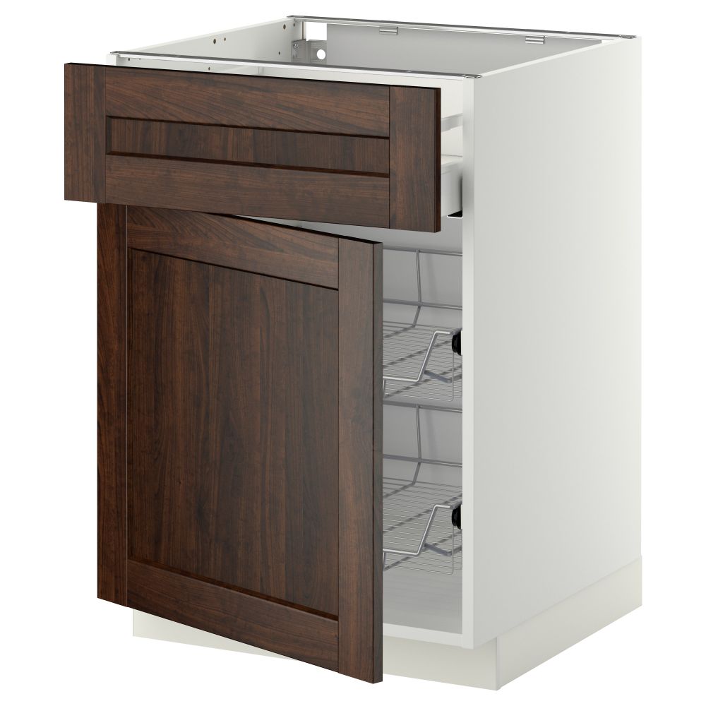 Напольный шкаф с проволочной корзиной, ящиком, дверью МЕТОД / МАКСИМЕРА, белый, Эдсерум коричневый - схема-чертеж с размерами