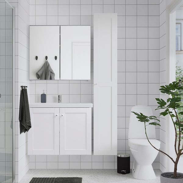 Комплект мебели для ванной,8 предм., Йельсен белый/ПИЛКОН смеситель 84x43x65 см IKEA FISKÅN ФИСКОН / TVÄLLEN ТВЭЛЛЕН 594.373.68 - схема-чертеж с размерами