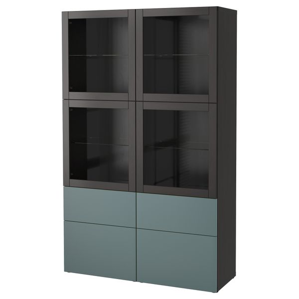 Комбинация для хранения со стеклянными дверцами БЕСТО, черно-коричневый, Вальвикен серо-бирюзовый, прозрачное стекло (120x40x192 - фото 1
