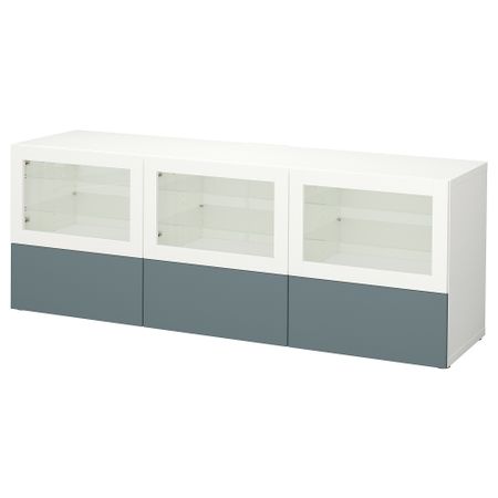 Тумба под ТВ, с дверцами и ящиками БЕСТО, белый, Вальвикен серо-бирюзовый, прозрачное стекло (180x40x64 см)