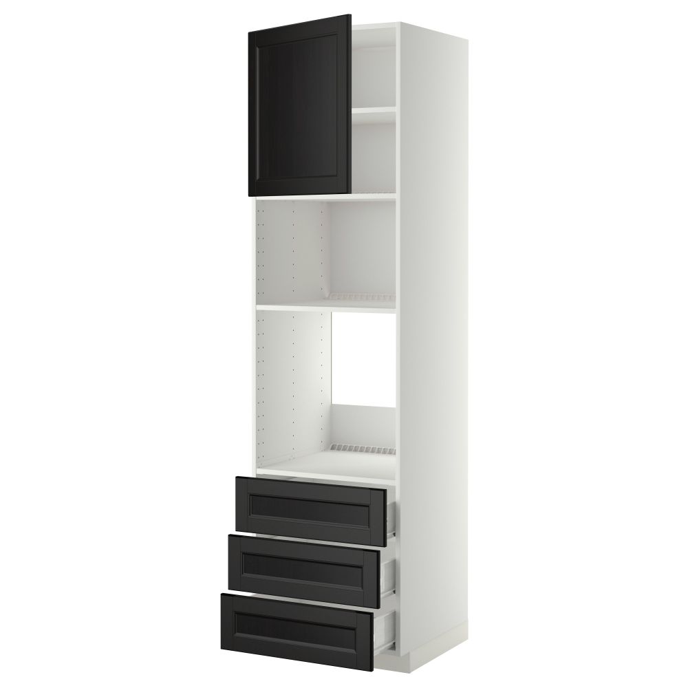 Высокий шкаф для духовки/СВЧ дверца, 3 ящика МЕТОД / ФОРВАРА, белый, Лаксарби черно-коричневый черно-коричневый - фото 1