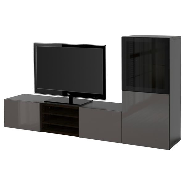 Шкаф для ТВ, комбинированный, стекляные дверцы БЕСТО, черно-коричневый, Сельсвикен глянцевый/серый прозрачное стекло (240x40x128 - фото 1