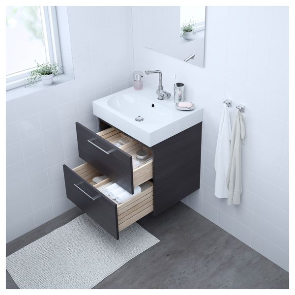 Шкаф для раковины с 2 ящиками ГОДМОРГОН / БРОВИКЕН, черно-коричневый, светло-серый (60x49x68 см) - фото 2