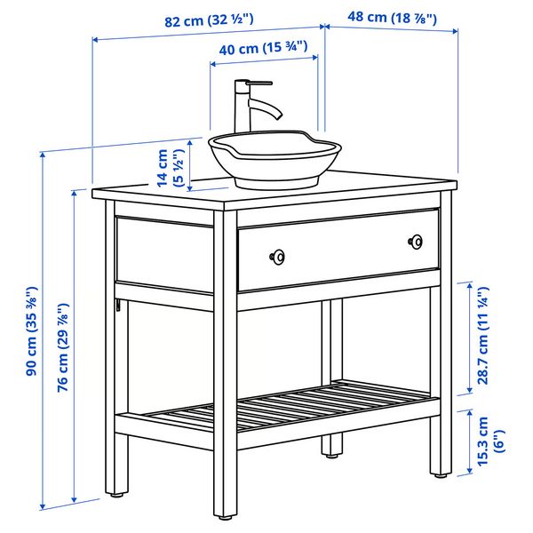 HEMNES / VÄSTERSJÖN Шкаф с ящиком/раковина/смеситель - белый 82x48x90 см - схема-чертеж с размерами