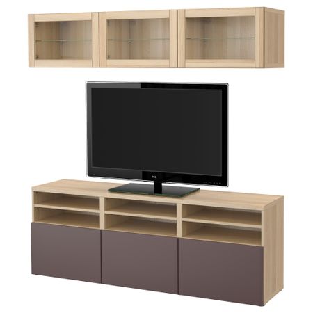 Шкаф для ТВ, комбинированный, стекляные дверцы БЕСТО, под беленый дуб, Вальвикен темно-коричневый, прозрачное стекло (180x40x192