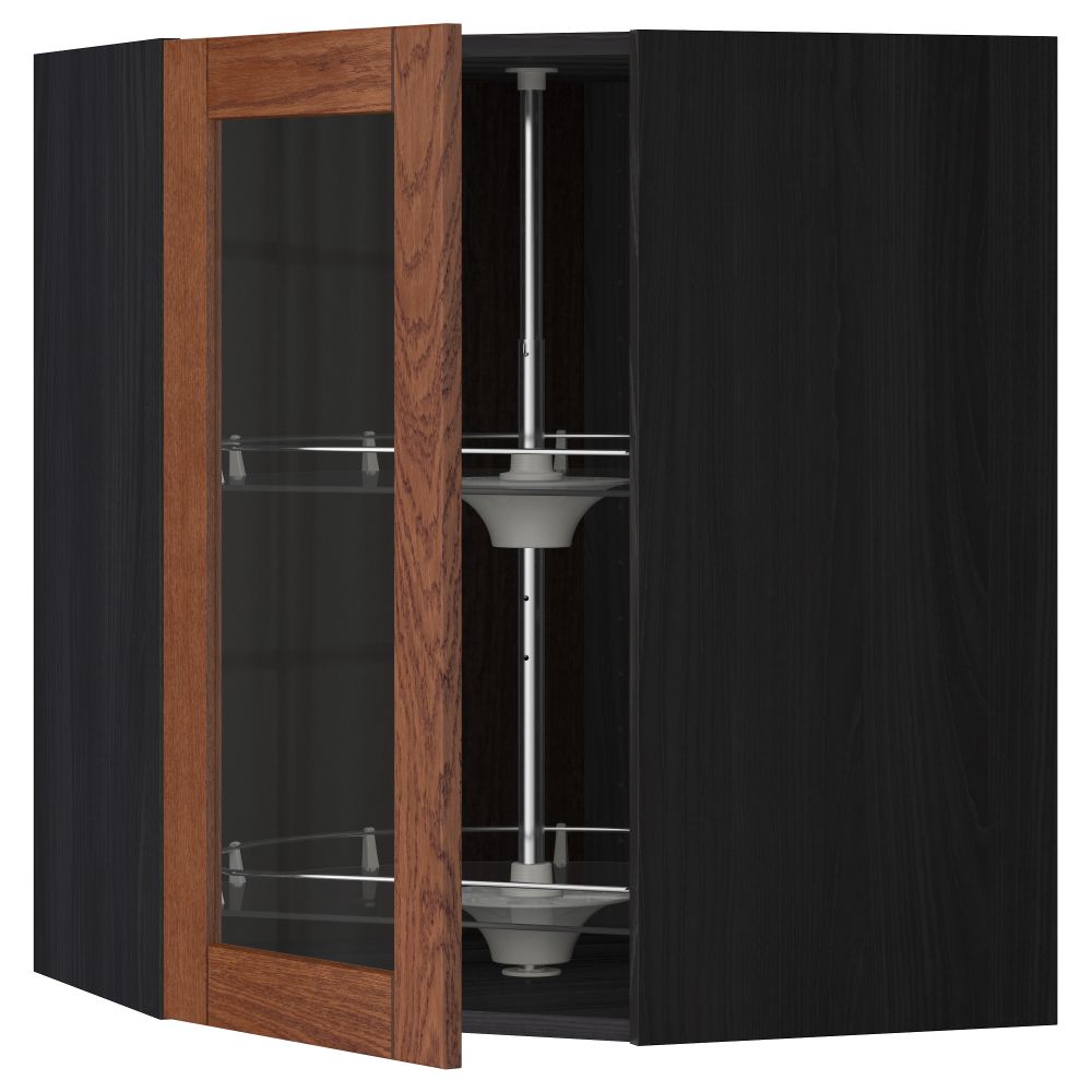 Угловой навесной шкаф с вращающающейся секцией, стеклянными дверцами МЕТОД, черный, Филипстад коричневый - схема-чертеж с размерами