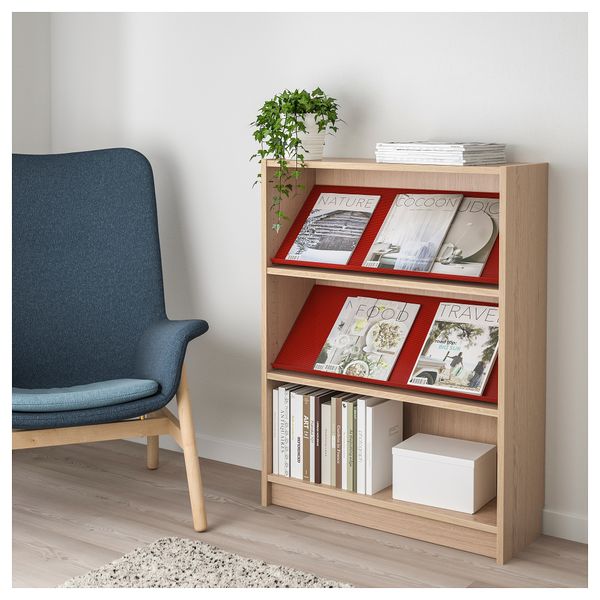 Стеллаж с наклонной полкой БИЛЛИ / БОТТНА, дубовый шпон, беленый, красный (80x28x106 см) - фото 2