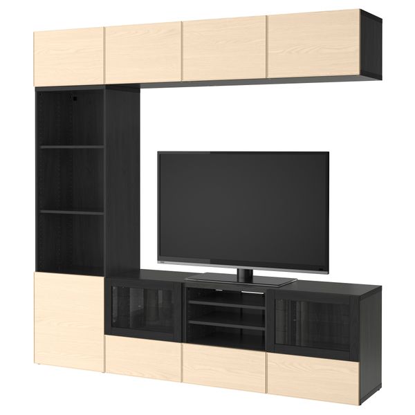 Шкаф для ТВ, комбинированный, стекляные дверцы БЕСТО, черно-коричневый Инвикен, ясеневый шпон прозрачное стекло (240x40x230 см) - фото 1