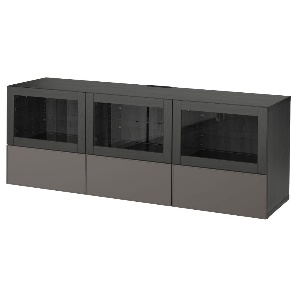 Тумба под ТВ, с дверцами и ящиками БЕСТО, черно-коричневый Грундсвикен, темно-серый прозрачное стекло (180x40x64 см) - фото 1