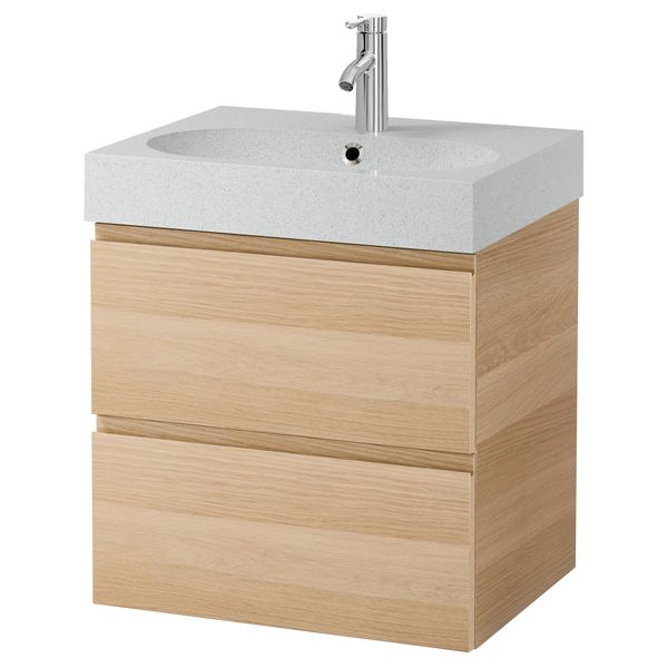 Шкаф для раковины с 2 ящиками ГОДМОРГОН / БРОВИКЕН, под беленый дуб, светло-серый (60x49x68 см) - фото 2