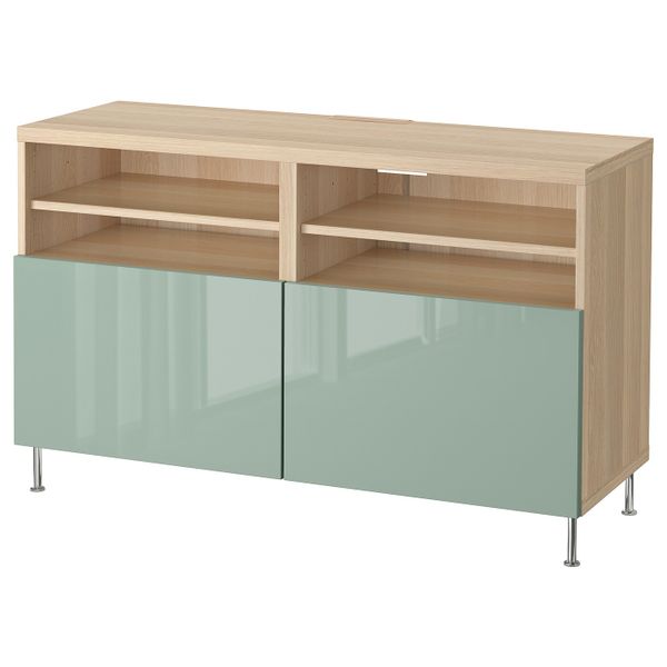 Тумба под ТВ, с дверцами, под беленый дуб, СЕЛЬСВ/СТАЛЛАРП светлый серо-зеленый, 120x42x74 см IKEA БЕСТО 492.683.18 - фото 1