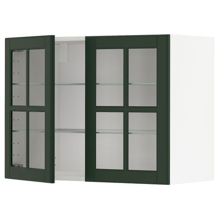 Навесной шкаф с полками, 2 стекло дв, белый/Будбин темно-зеленый 80x60 см IKEA METOD МЕТОД 093.122.76