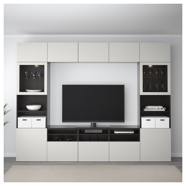 Шкаф для ТВ, комбинированный, стекляные дверцы БЕСТО, черно-коричневый, Лаппвикен светло-серый прозрачное стекло (300x40x230 см) - фото 2