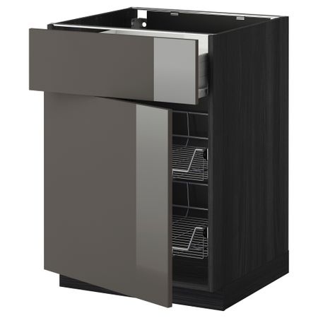 Напольный шкаф с проволочной корзиной, ящиком, дверью МЕТОД / ФОРВАРА, черный, Рингульт серый