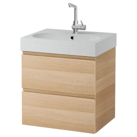 Шкаф для раковины с 2 ящиками ГОДМОРГОН / БРОВИКЕН, под беленый дуб, светло-серый (60x49x68 см)