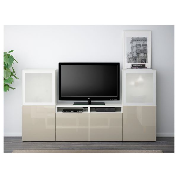 Шкаф для ТВ, комбинированный, стекляные дверцы БЕСТО, белый, Сельсвикен глянцевый/бежевый матовое стекло (240x40x128 см) - фото 2