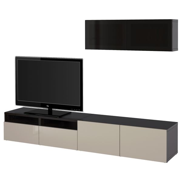 Шкаф для ТВ, комбинированный, стекляные дверцы БЕСТО, черно-коричневый, Сельсвикен глянцевый/бежевый/дымчатое стекло - фото 1