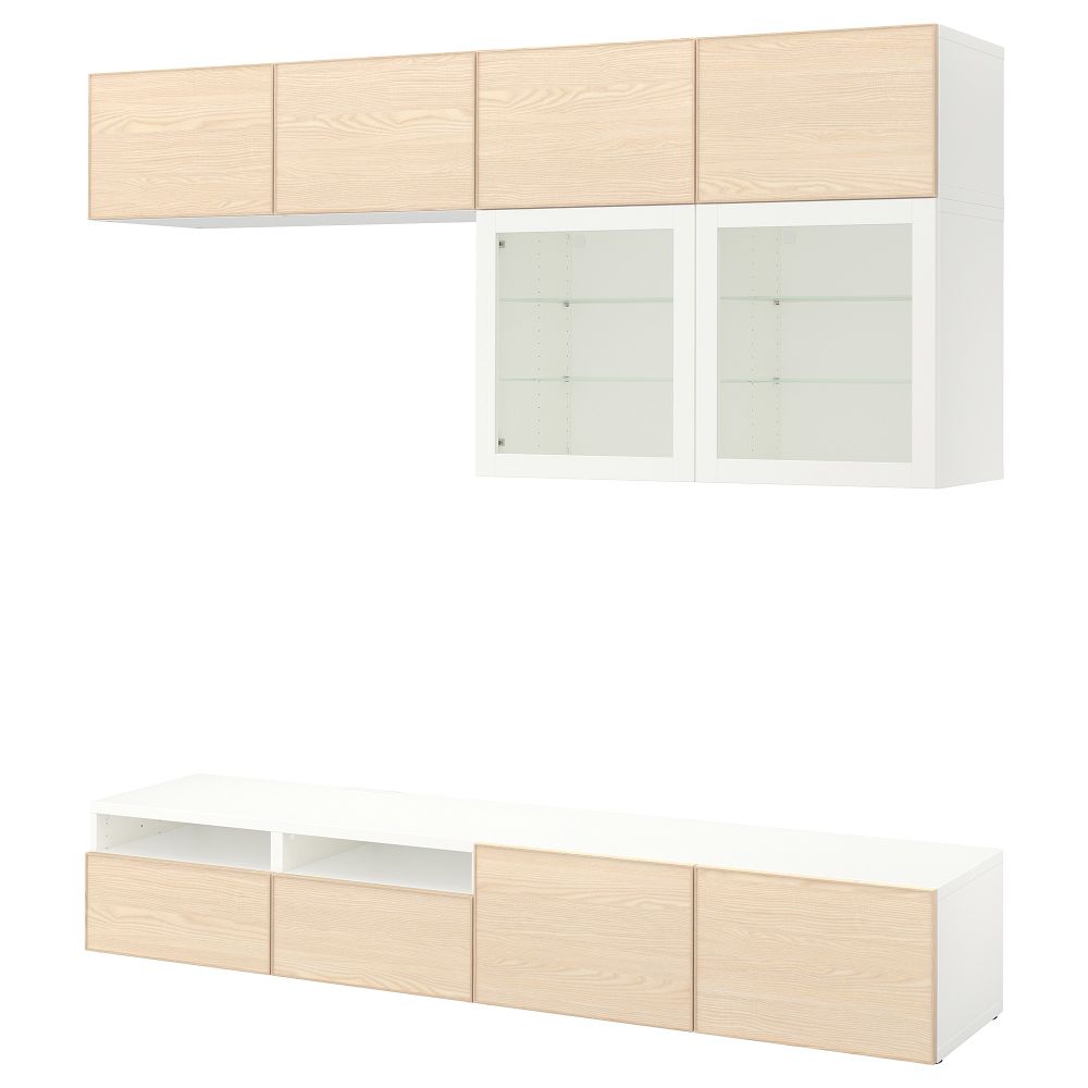 Шкаф для ТВ, комбинированный, стекляные дверцы БЕСТО, белый Инвикен, ясеневый шпон прозрачное стекло (240x40x230 см) - фото 1