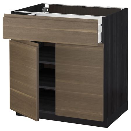 Напольный шкаф + ящик/2дверцы, черный/Воксторп грецкий орех 80x60 см IKEA МЕТОД / МАКСИМЕРА 492.384.49