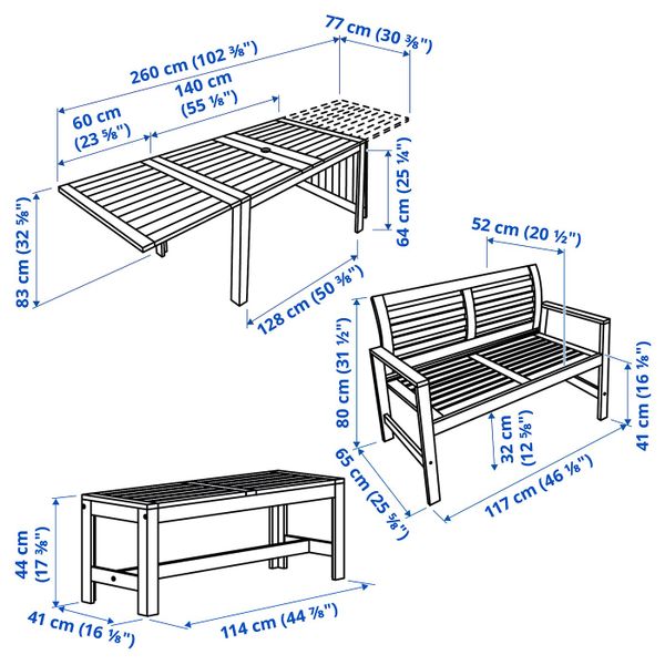 Стол + 2 скамьи, для/сада, коричневая морилка IKEA ÄPPLARÖ ЭПЛАРО 092.289.18 - схема-чертеж с размерами