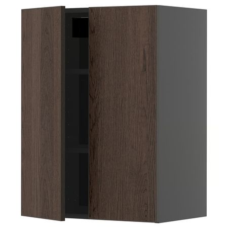 METOD Навесной шкаф с полками/2дверцы - черно-серый/Sinarp коричневый 60x80 см