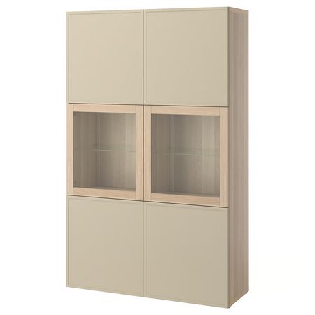 BESTÅ Комбинация д/хранения+стекл дверц - под беленый дуб/Krukmakare бежевый 120x42x193 см