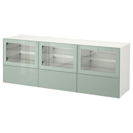 Тумба под ТВ, с дверцами и ящиками БЕСТО, белый Сельсвикен, глянцевый/серо-зеленый светлый прозрачное стекло (180x40x64 см)