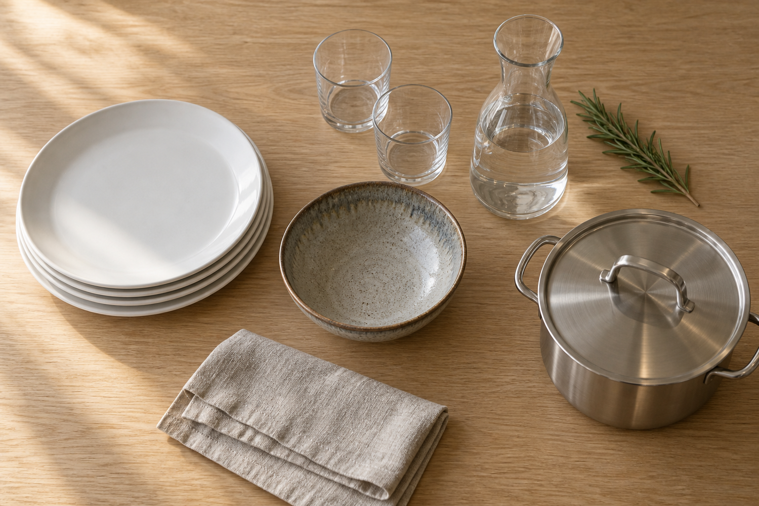 Посуда IKEA из фарфора, стоунвера, стекла и нержавеющей стали − флэтлей на дубовом столе