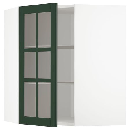 Угловой навесной шкаф с полками, стекляными дв, белый/Будбин темно-зеленый 68x80 см IKEA METOD МЕТОД 193.123.27