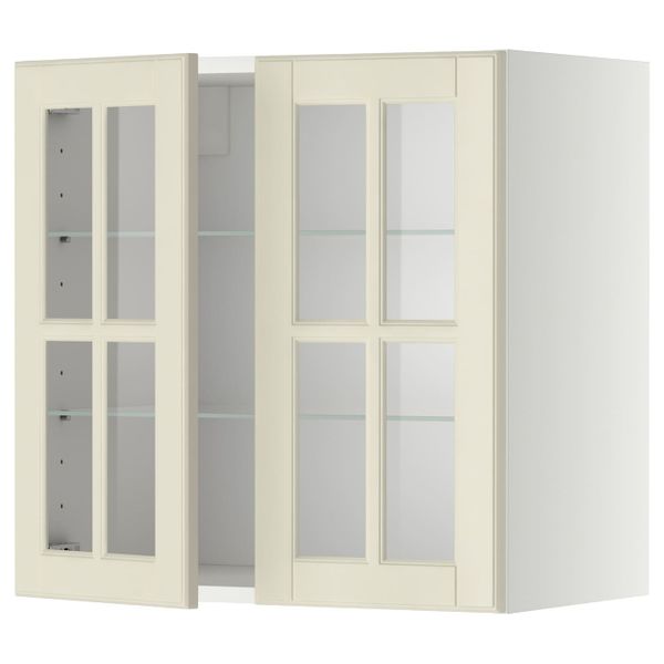 Навесной шкаф/полки/2стеклян двери, белый/Будбин белый с оттенком 60x60 см IKEA METOD МЕТОД 493.936.09 - фото 1