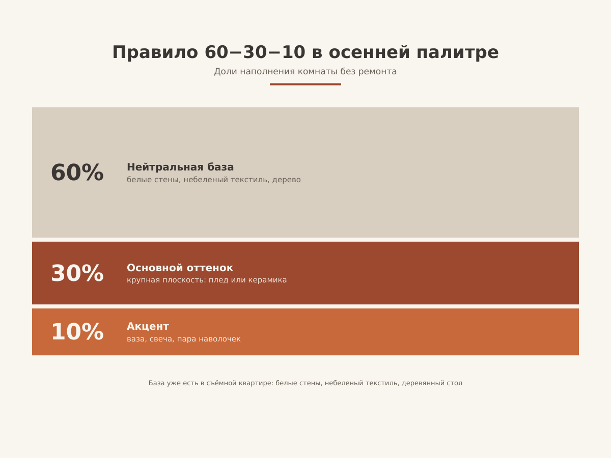 Схема 60−30−10 для осенней палитры: нейтральная база 60%, основной оттенок 30%, акцент 10%