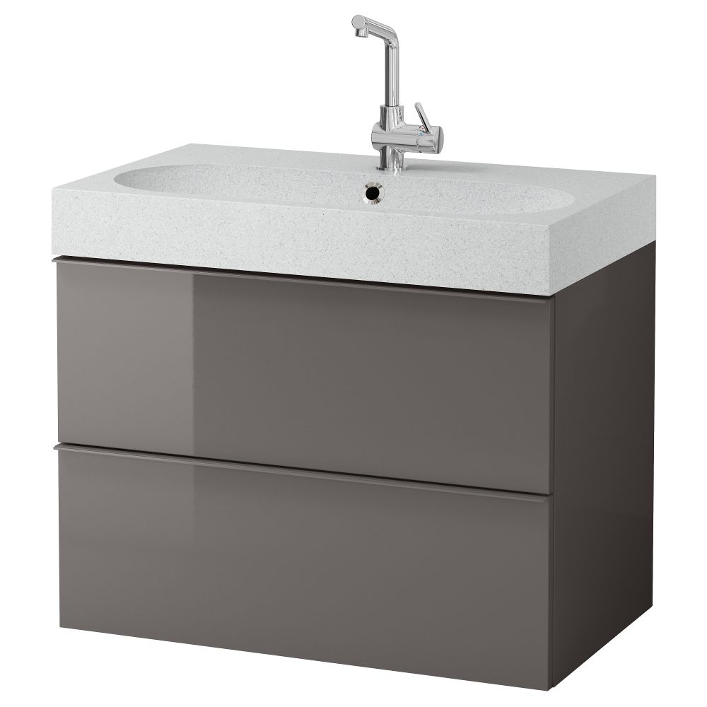 Шкаф для раковины с 2 ящиками ГОДМОРГОН / БРОВИКЕН, глянцевый серый, светло-серый (80x49x68 см) - фото 1