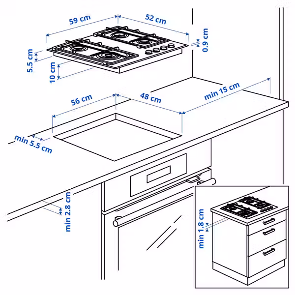 VASASTAN ВАСАСТАН Поверхность встраиваемая газовая - схема-чертеж с размерами