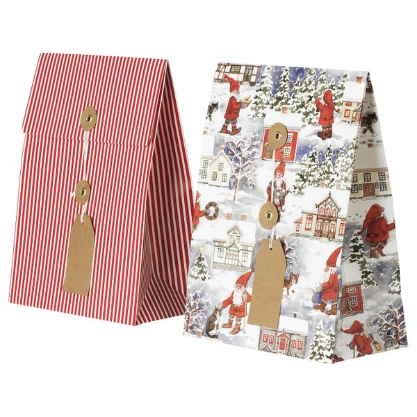 Подарочный пакет, орнамент «Санта Клаус»/орнамент «полоска» красный 20x26 см/2.5 л IKEA VINTER 2020 ВИНТЕР 2020 304.742.57 - фото 1